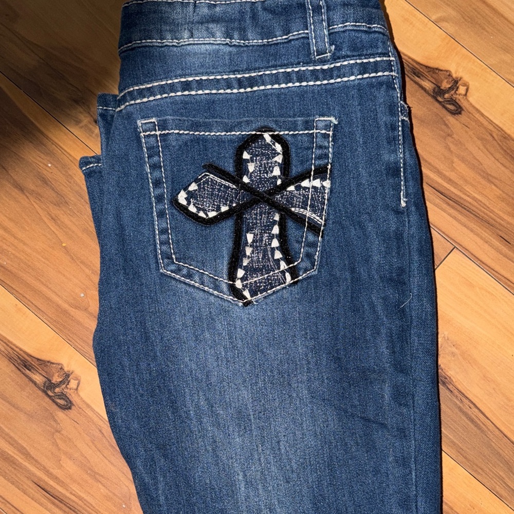 Classic Blue Boot Cut Jeans with Embroidered Pocket